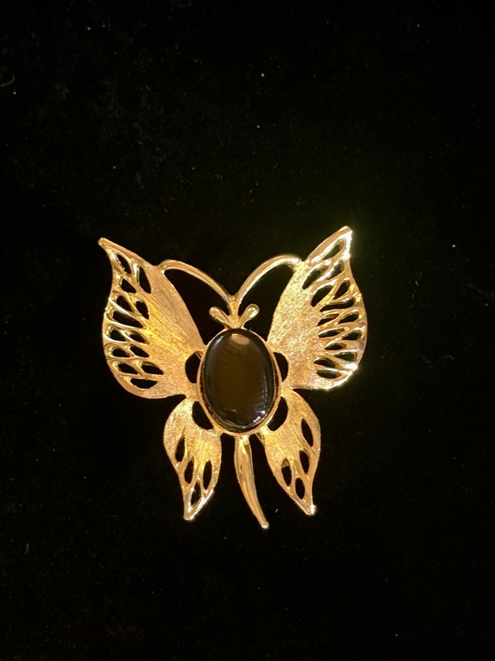 Vintage 1970s Gold Tone Gold Butterfly Brooch with Black Stone